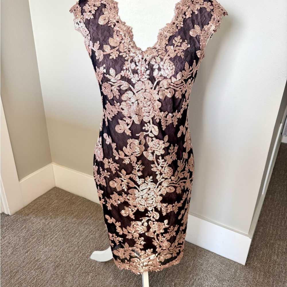 Tadashi Shoji Elegant Black and Pink Lace Dress